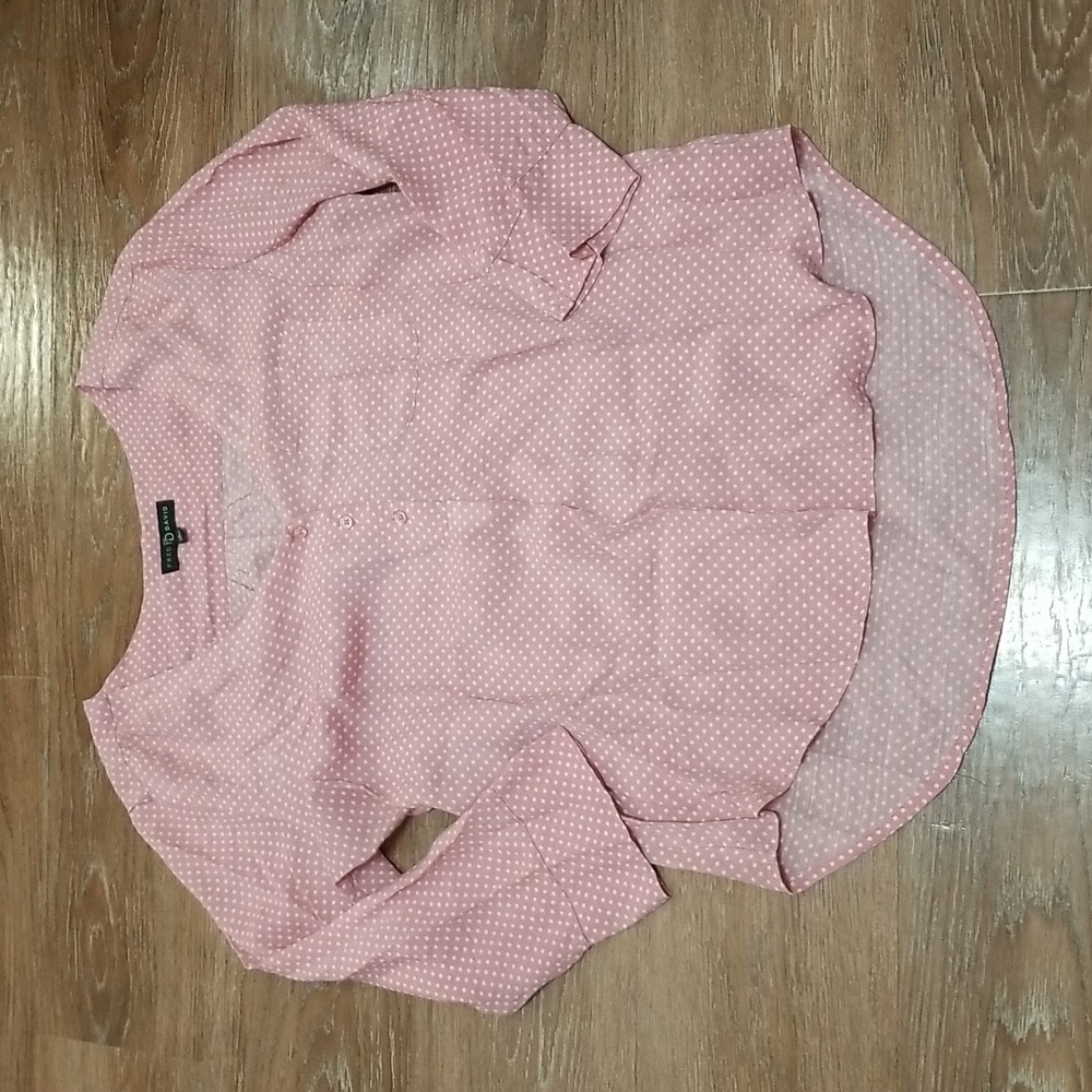 (L) Fred David Polka Dot Print Blouse Business Casual Lightweight Slightly Sheer